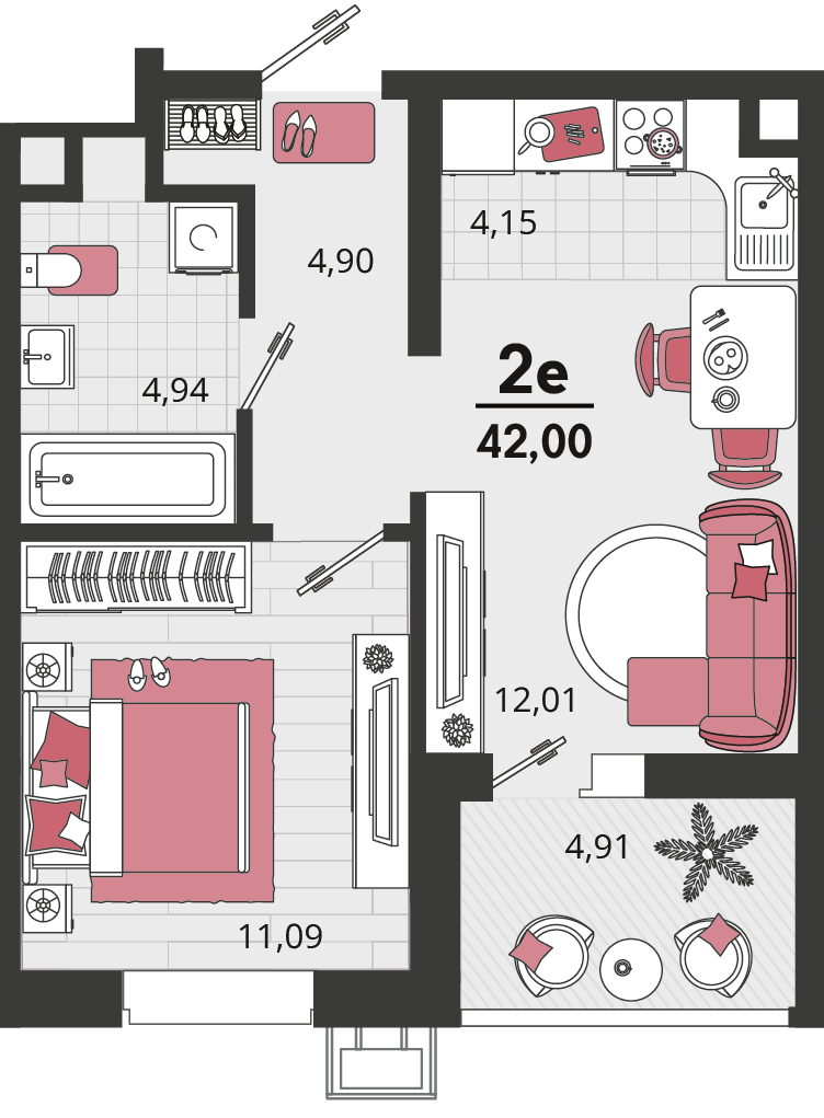 Планировка 2-комнатная 42 м²