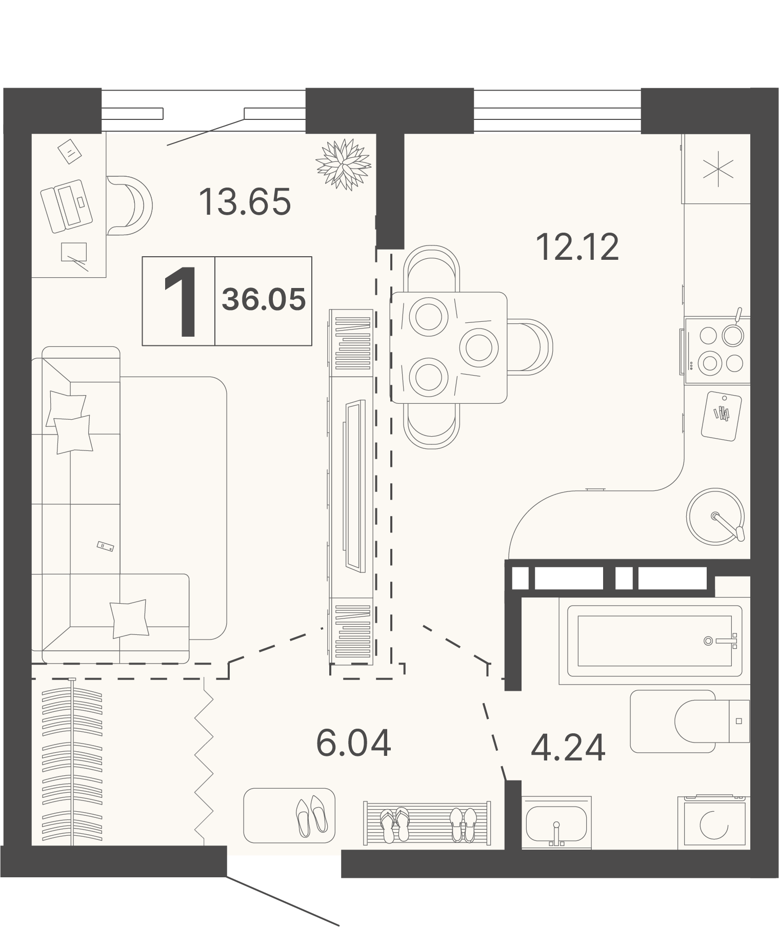 Планировка 1-комнатная 36,05 м²