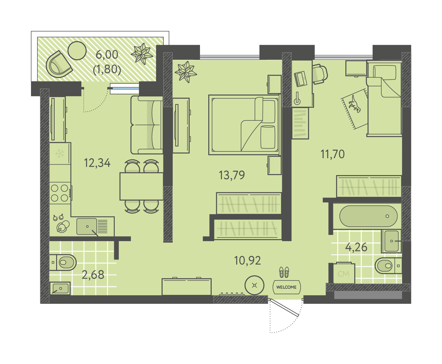 Планировка: 2-комн. квартира 57,5 м²