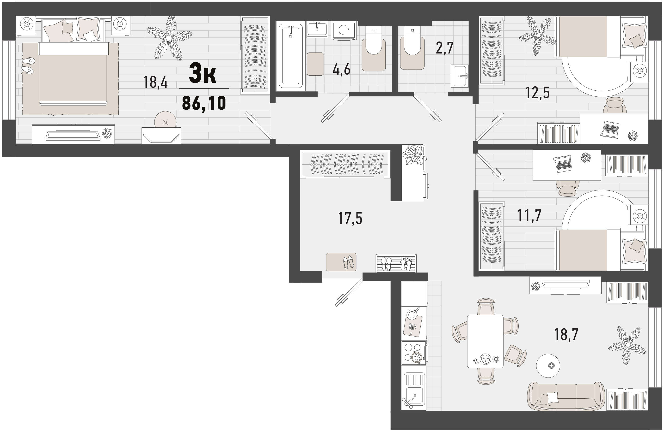 Планировка 3-комнатная 86,1 м²