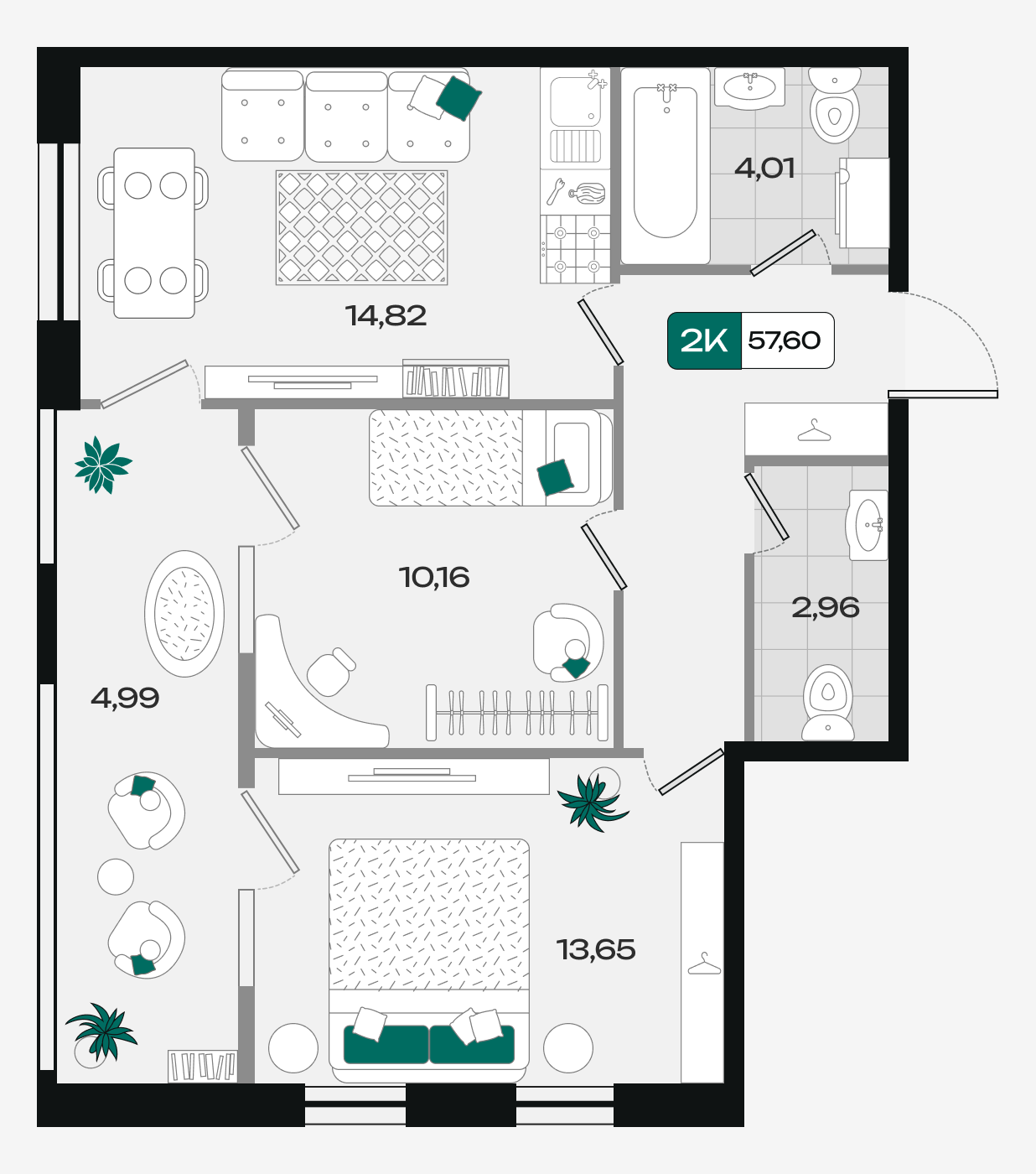 Планировка: 2-комн. квартира 57,6 м²