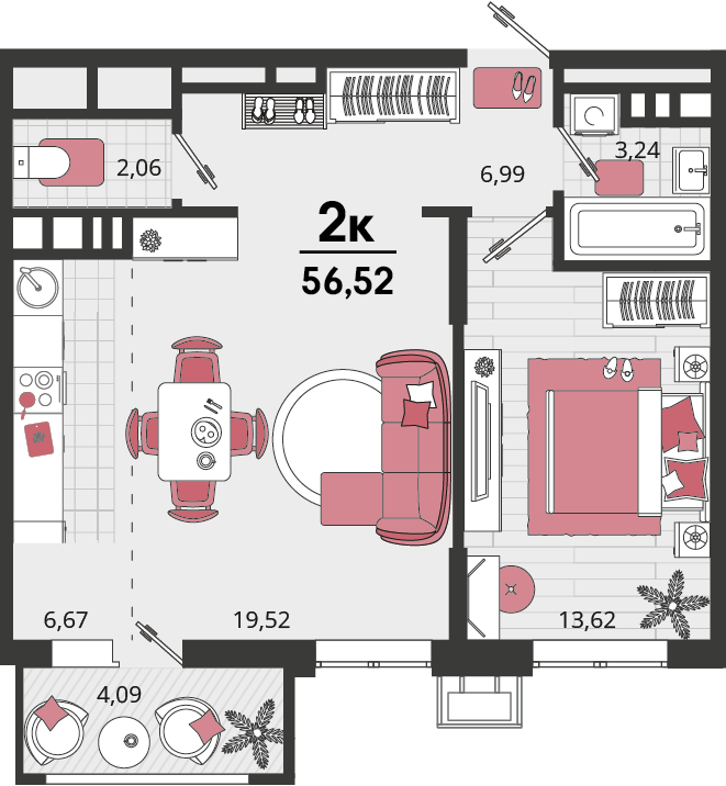 Планировка 2-комнатная 56,52 м²