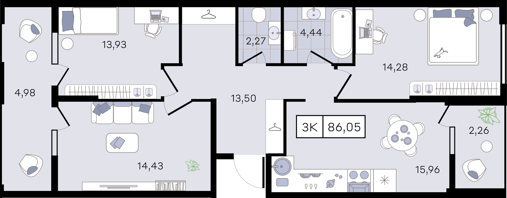 Планировка: 3-комн. квартира 86,1 м²
