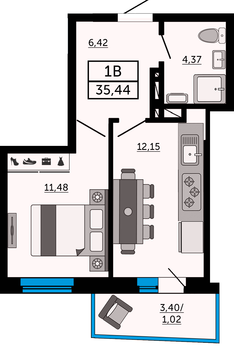 Планировка 1-комнатная 35,1 м²
