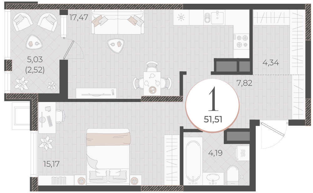 Планировка 1-комнатная 51,51 м²