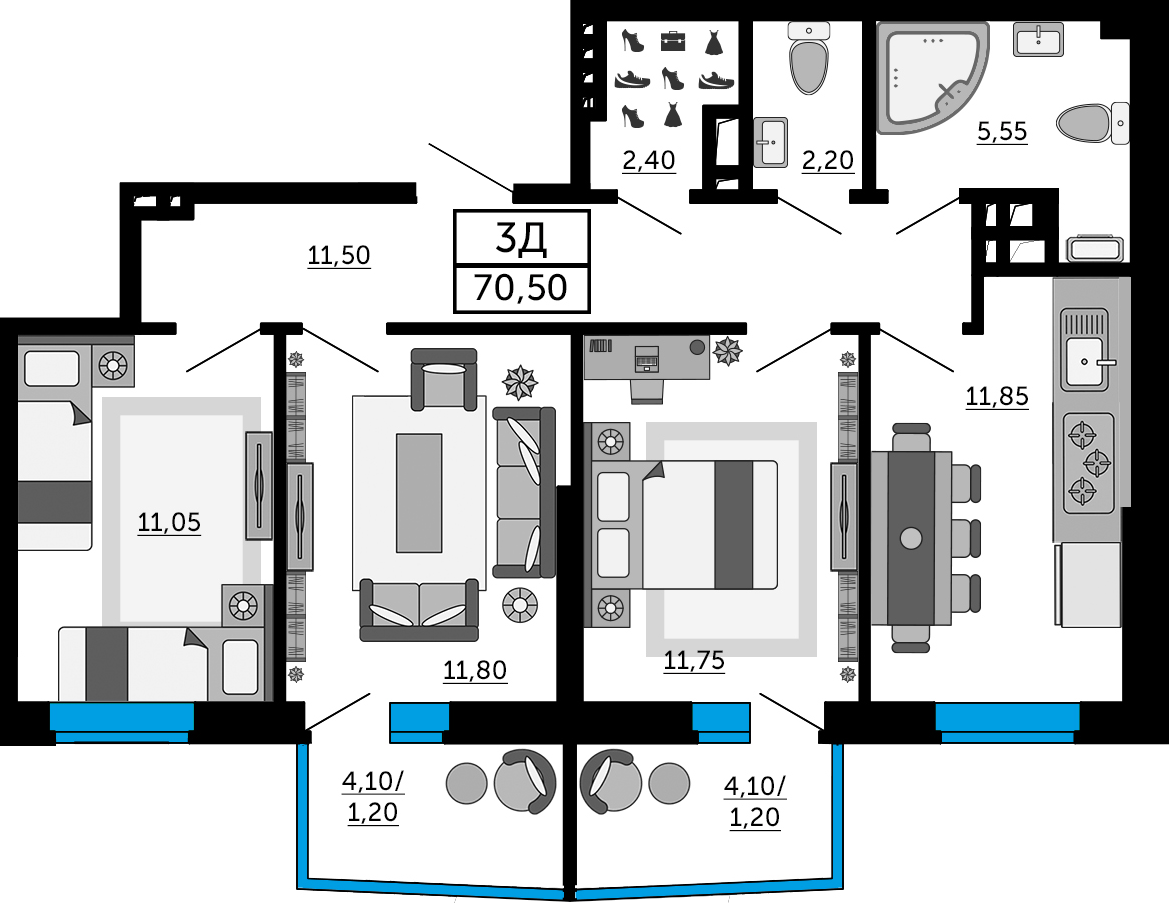 Планировка 3-комнатная 70,15 м²