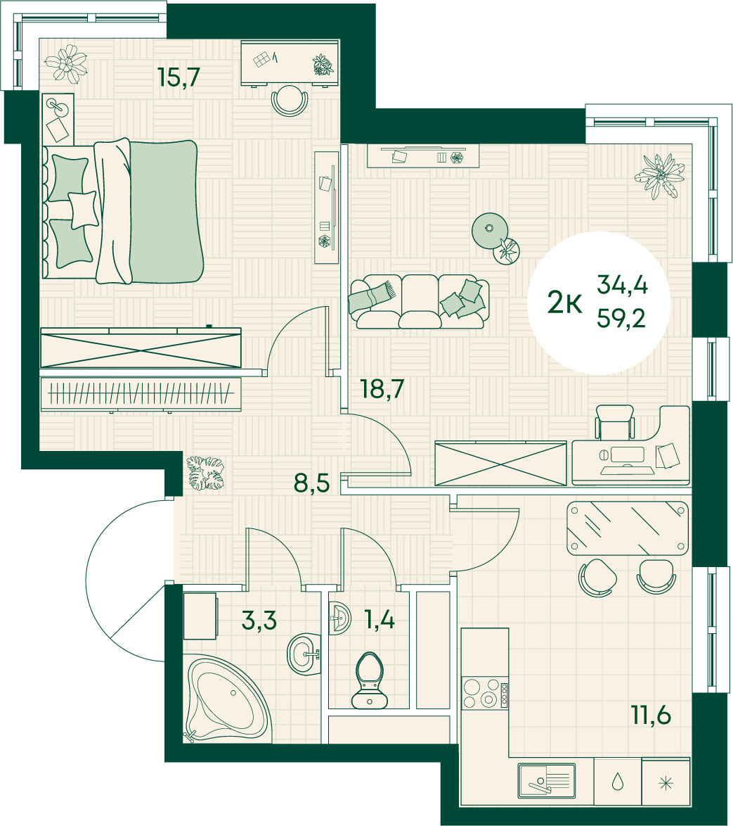 Планировка: 2-комн. квартира 59,2 м²