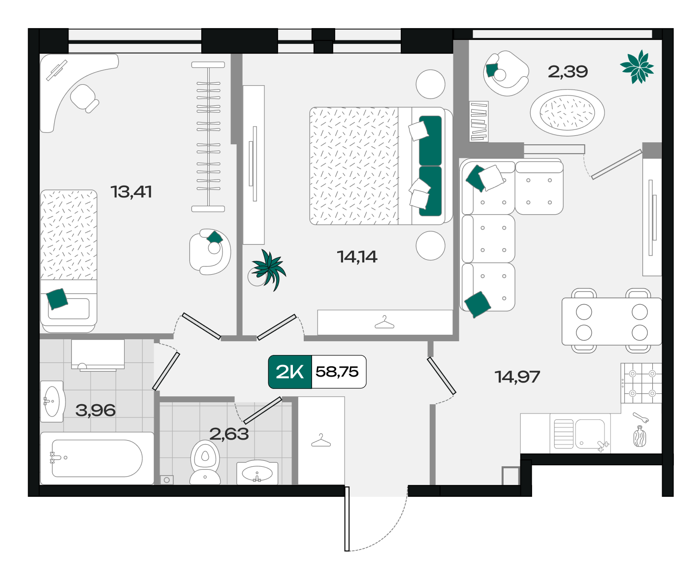 Планировка: 2-комн. квартира 58,8 м²
