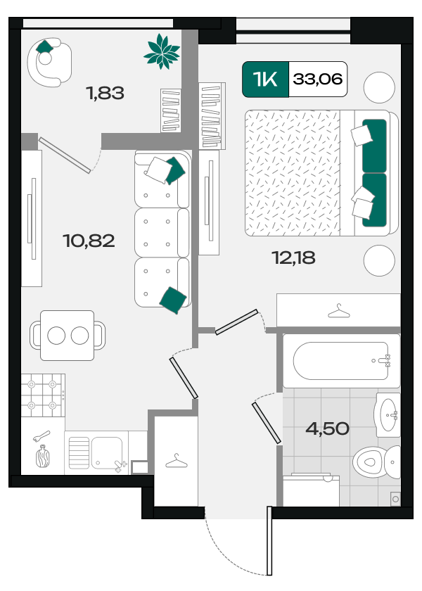 Планировка 1-комнатная 33,06 м²