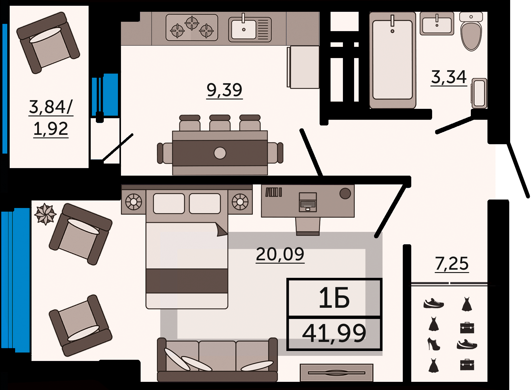 Планировка 1-комнатная 41,99 м²