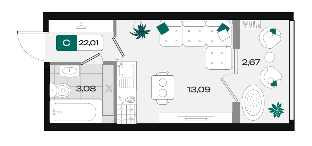 Планировка Студия 22,01 м²