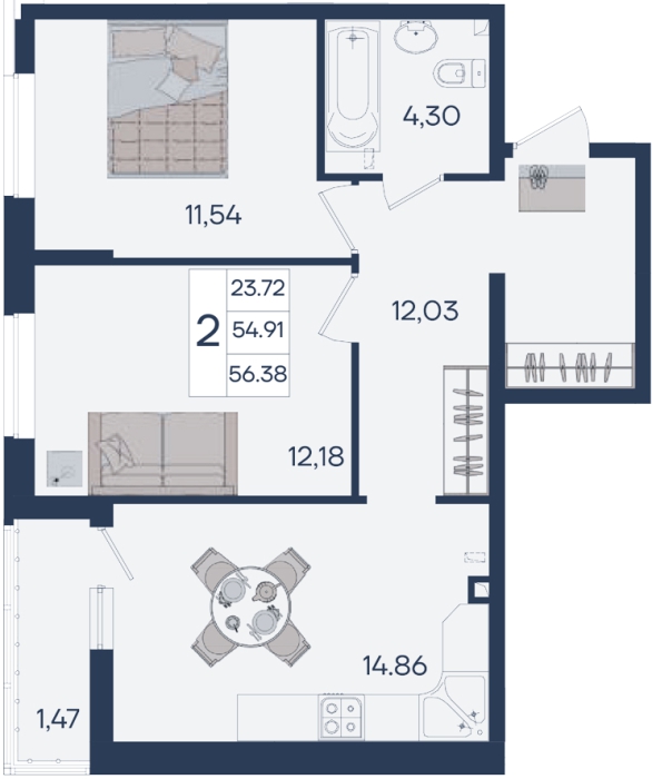 Планировка: 2-комн. квартира 56,4 м²