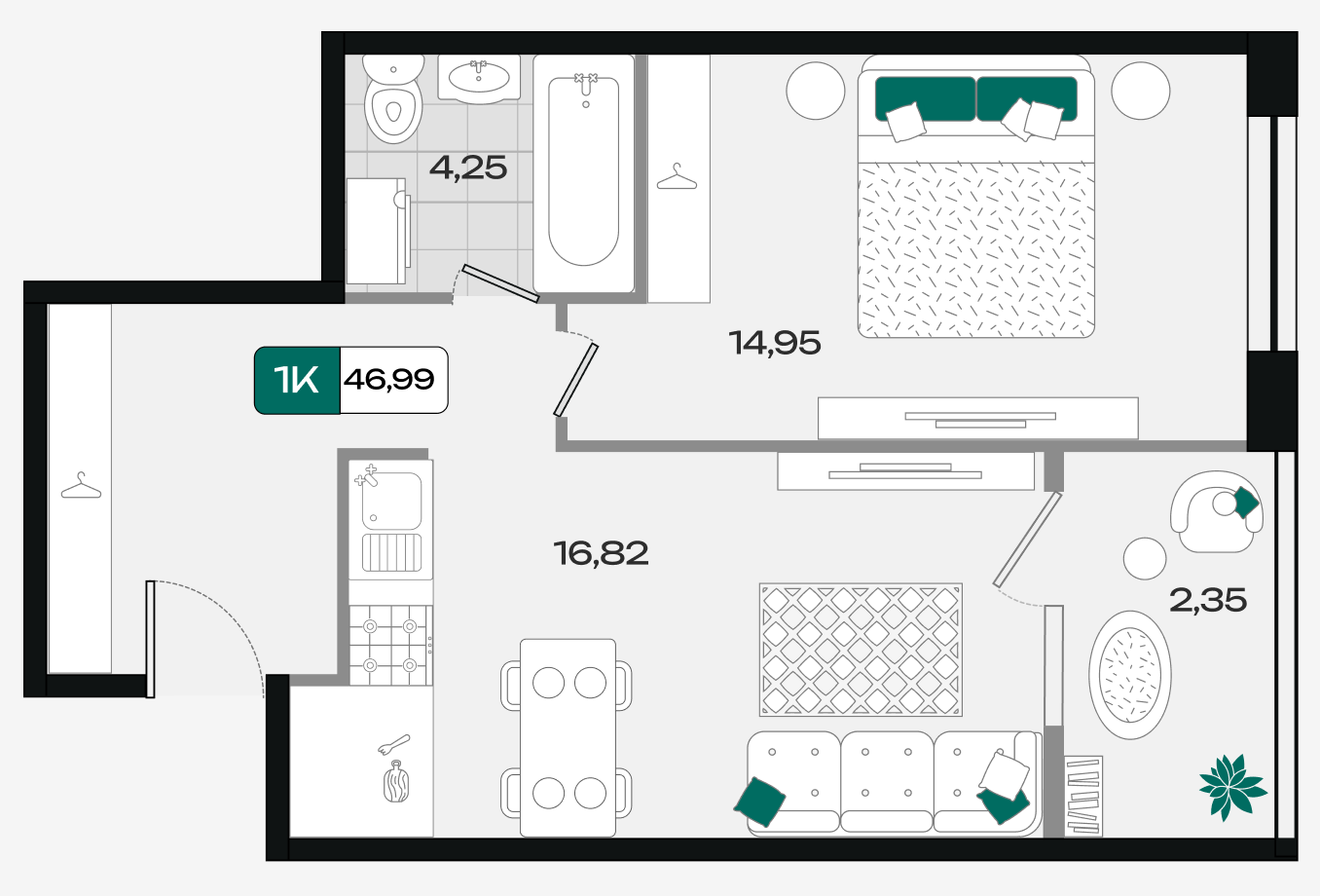 Планировка: 1-комн. квартира 47 м²