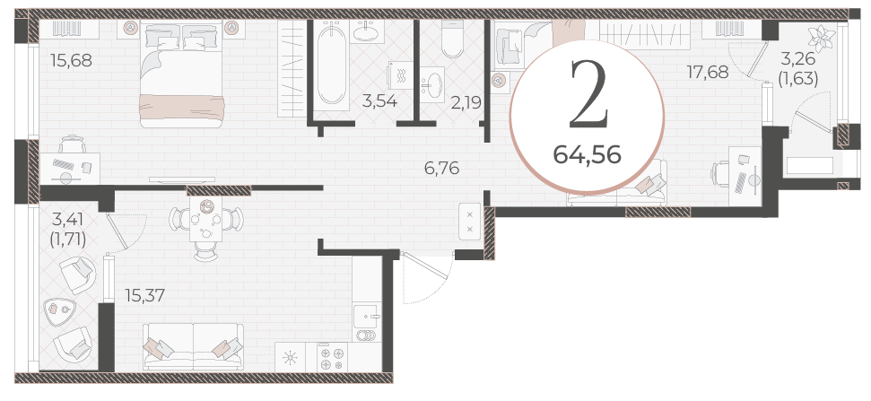 Планировка: 2-комн. квартира 64,6 м²
