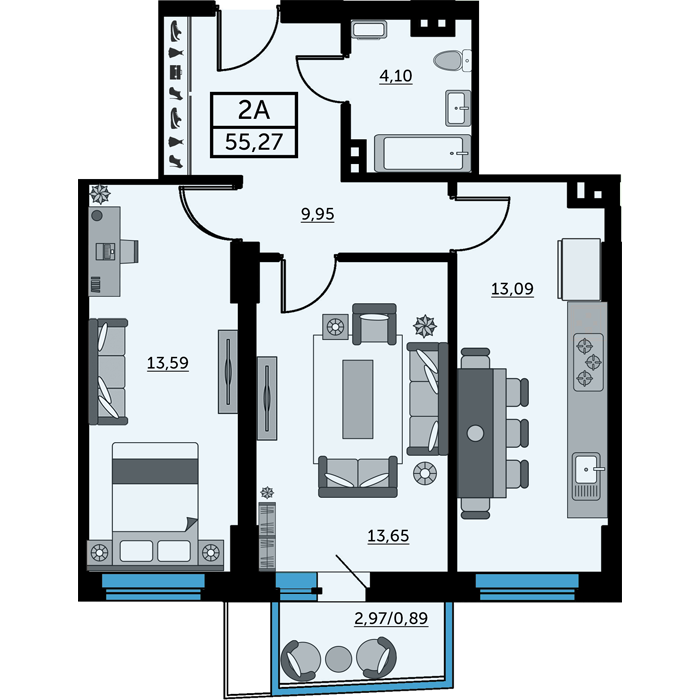 Планировка 2-комнатная 55,5 м²
