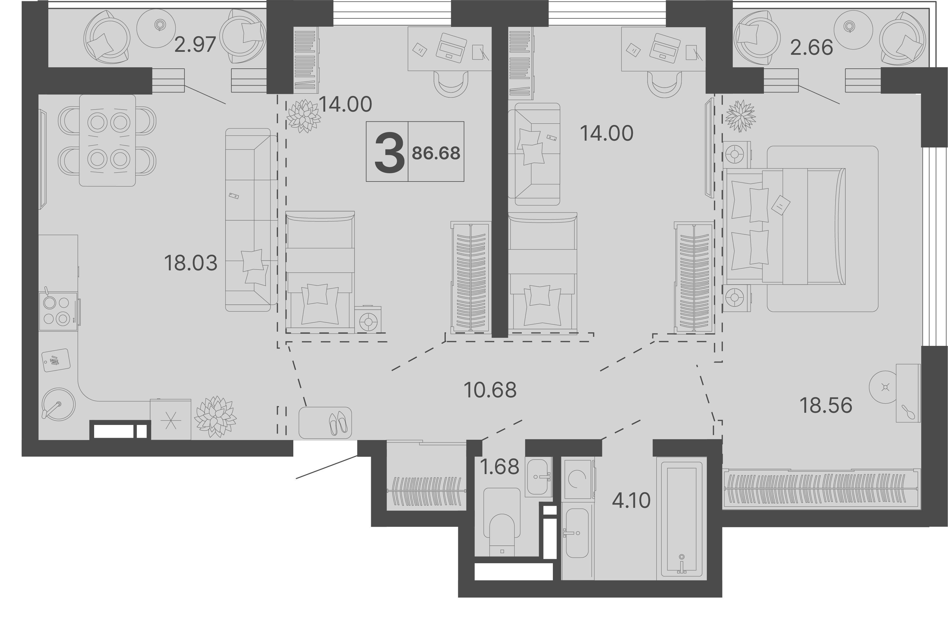Планировка 3-комнатная 86,68 м²