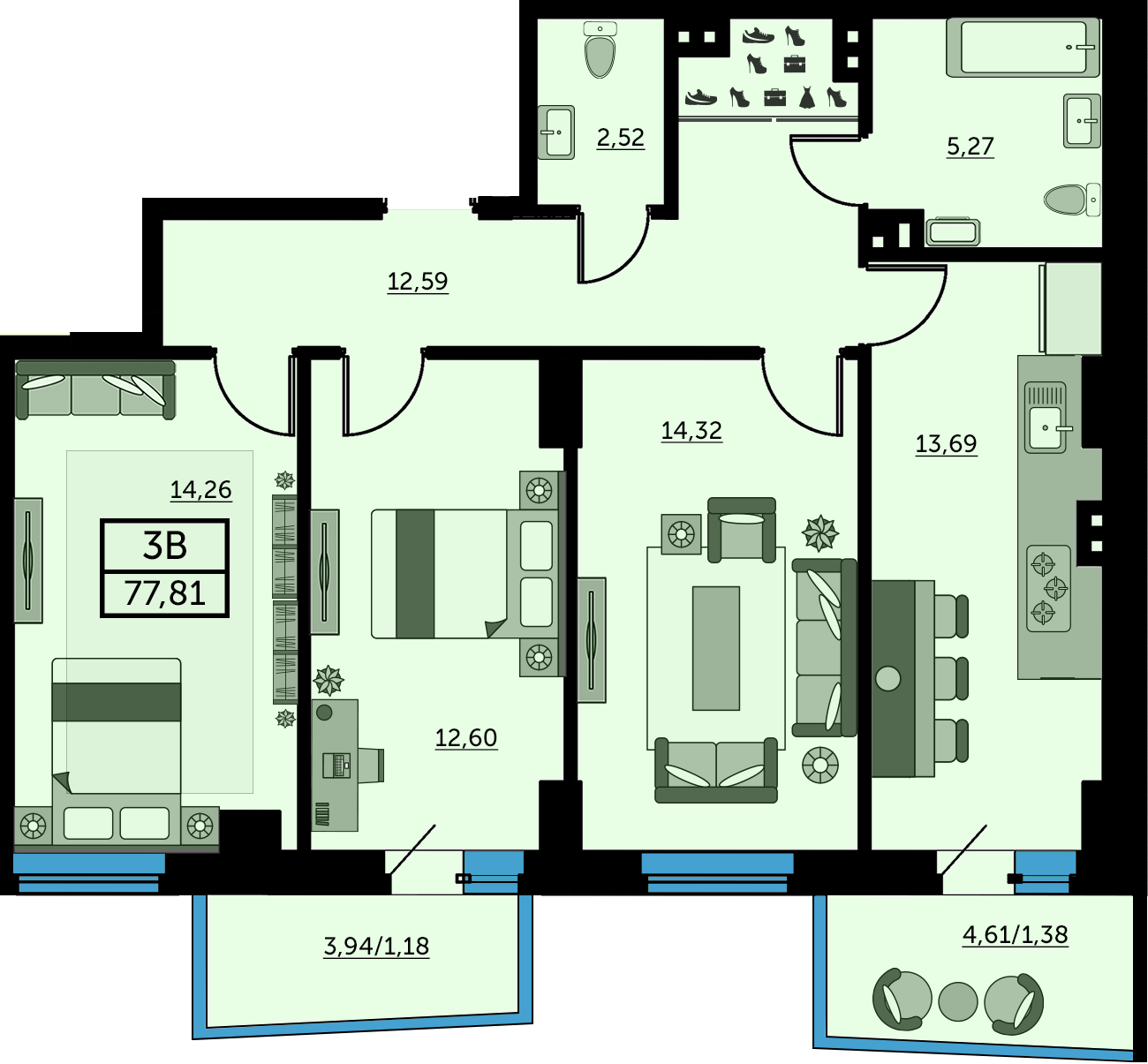 Планировка 3-комнатная 78 м²