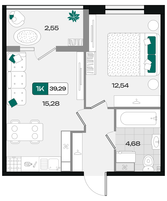 Планировка: 1-комн. квартира 39,3 м²