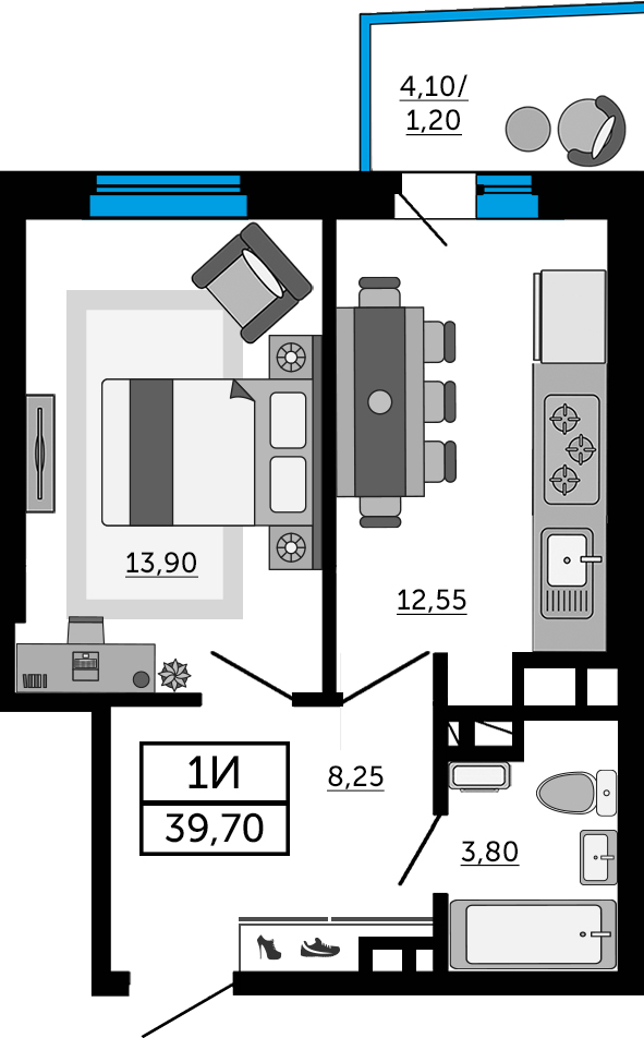Планировка 1-комнатная 39,45 м²