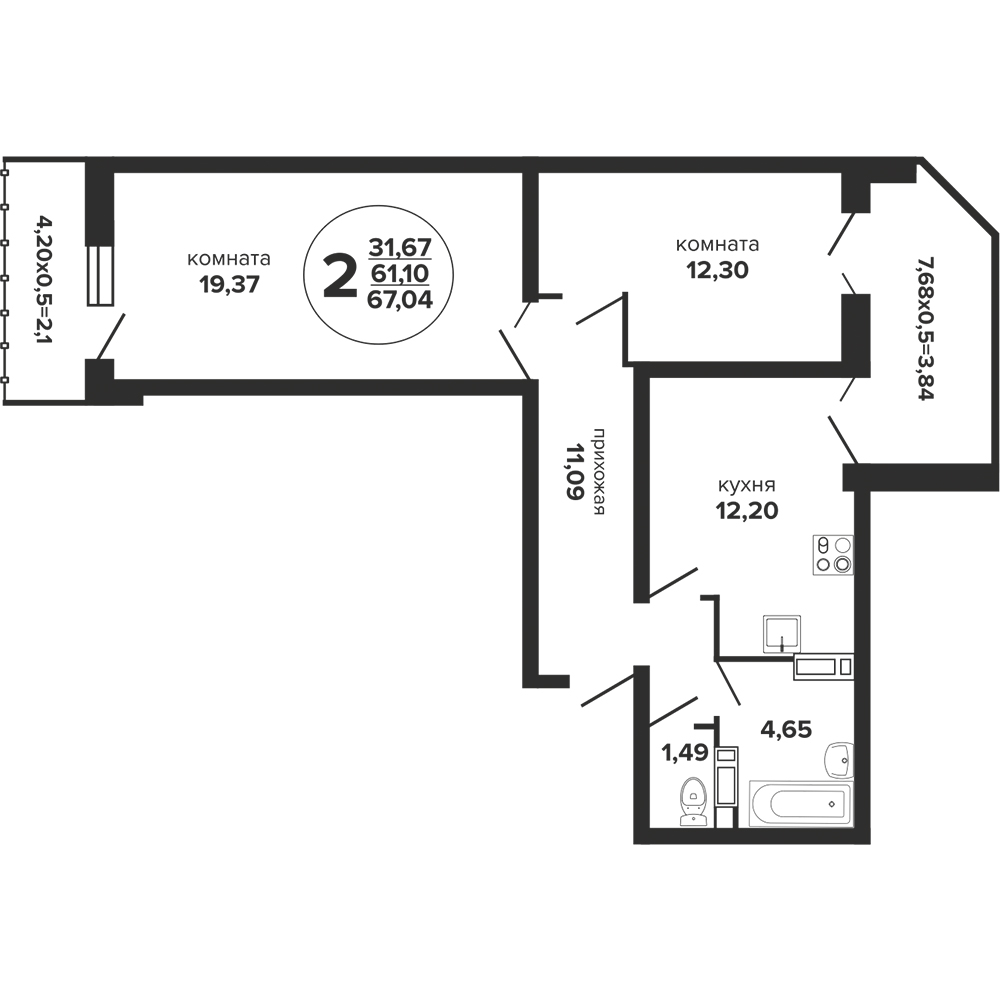 Планировка 2-комнатная 68 м²