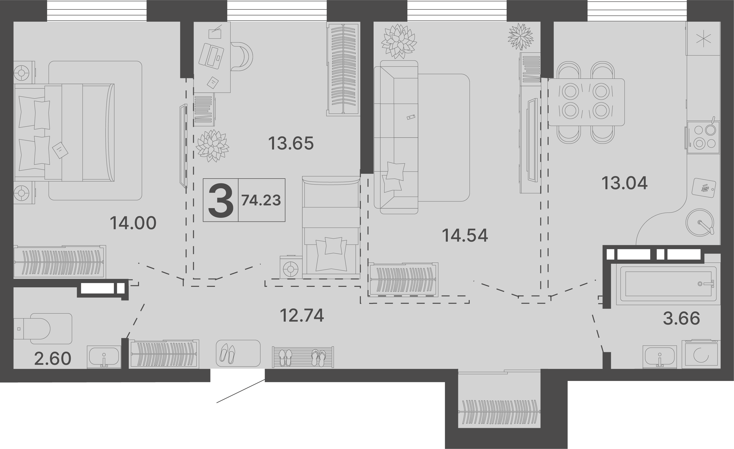 Планировка 3-комнатная 74,23 м²
