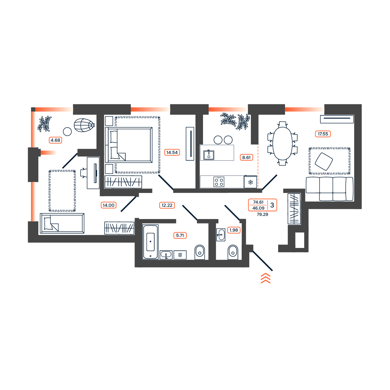 Планировка: 3-комн. квартира 79,3 м²