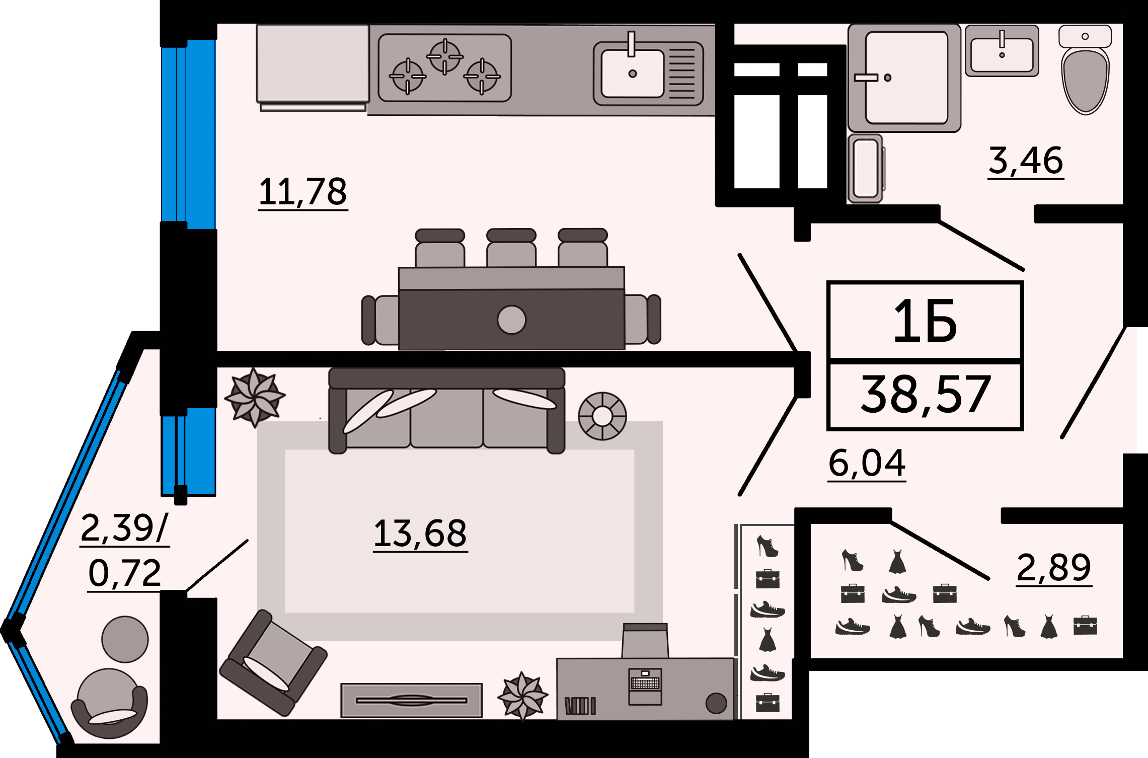 Планировка 1-комнатная 38,57 м²