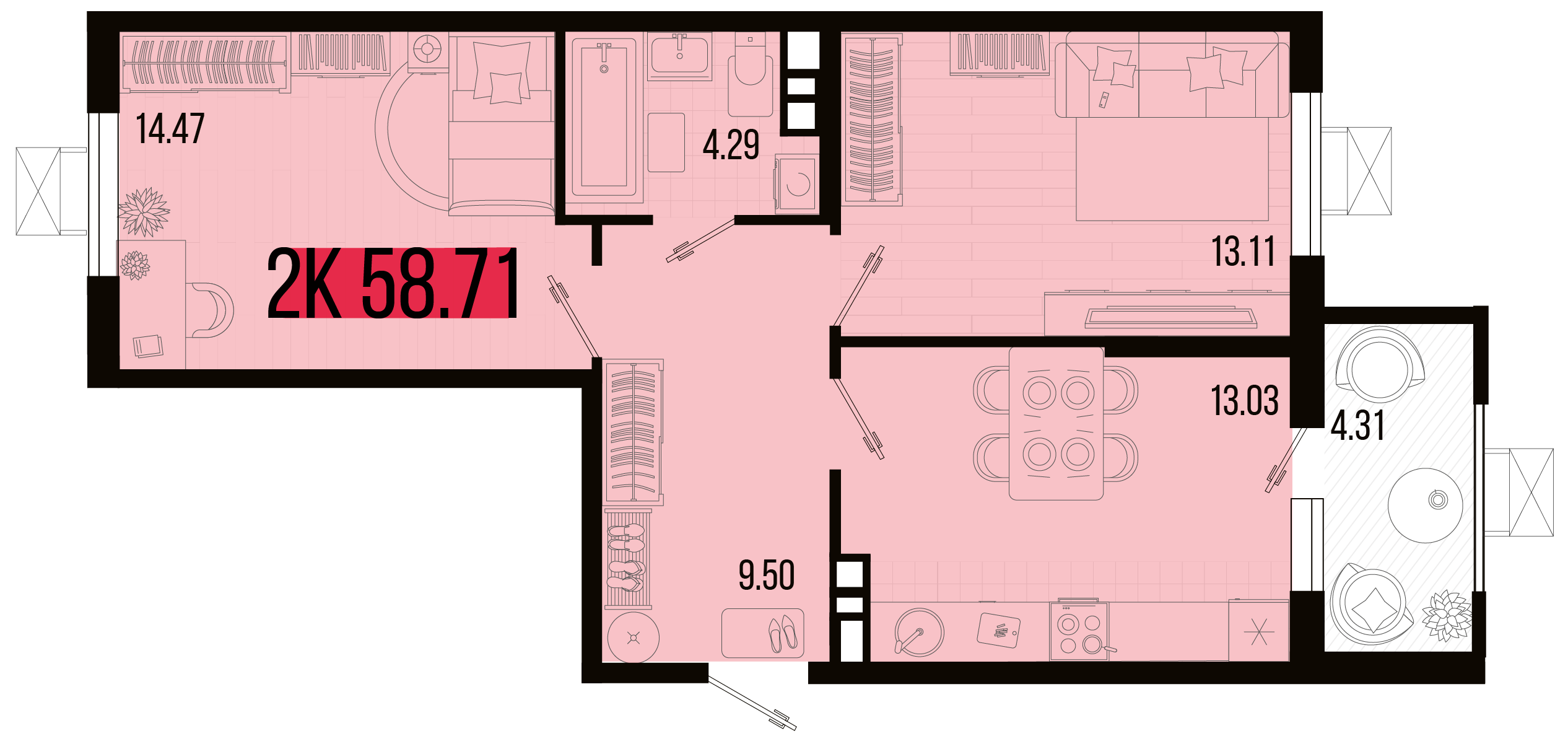 Планировка 2-комнатная 57 м²
