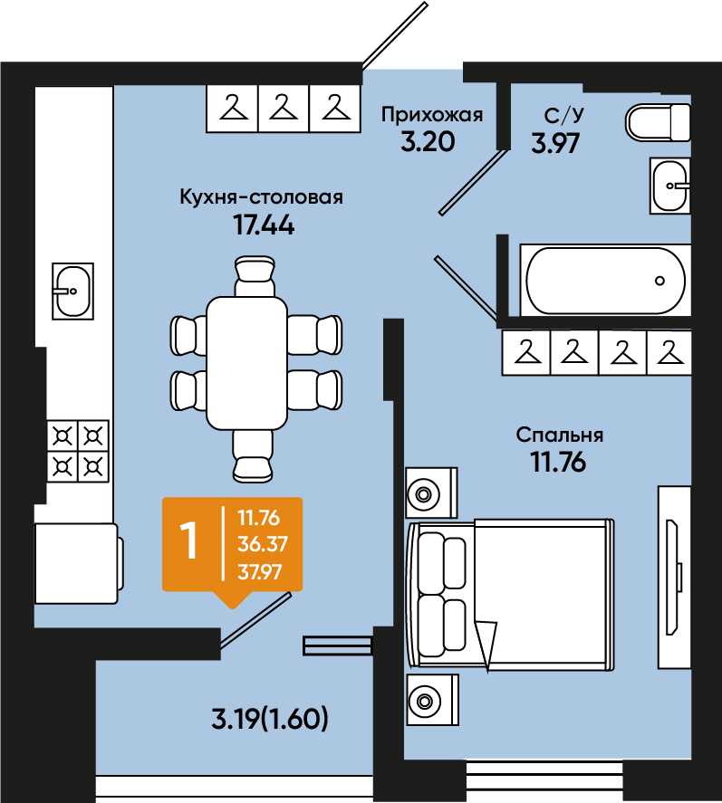 Планировка: 1-комн. квартира 37,5 м²