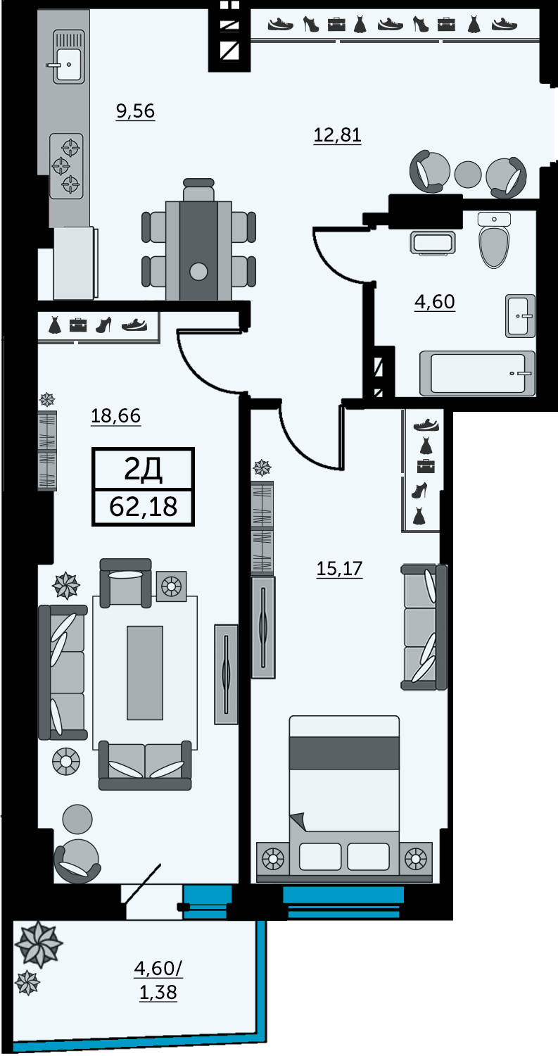 Планировка 2-комнатная 61,9 м²