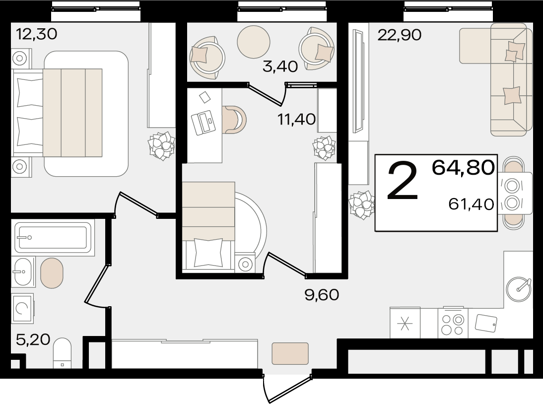 Планировка 2-комнатная 64,8 м²