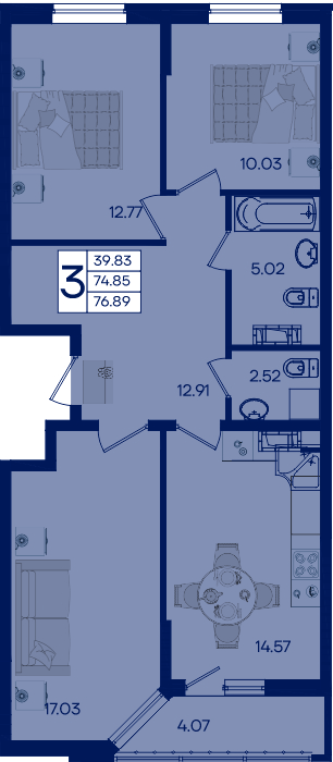 Планировка: 3-комн. квартира 76,9 м²
