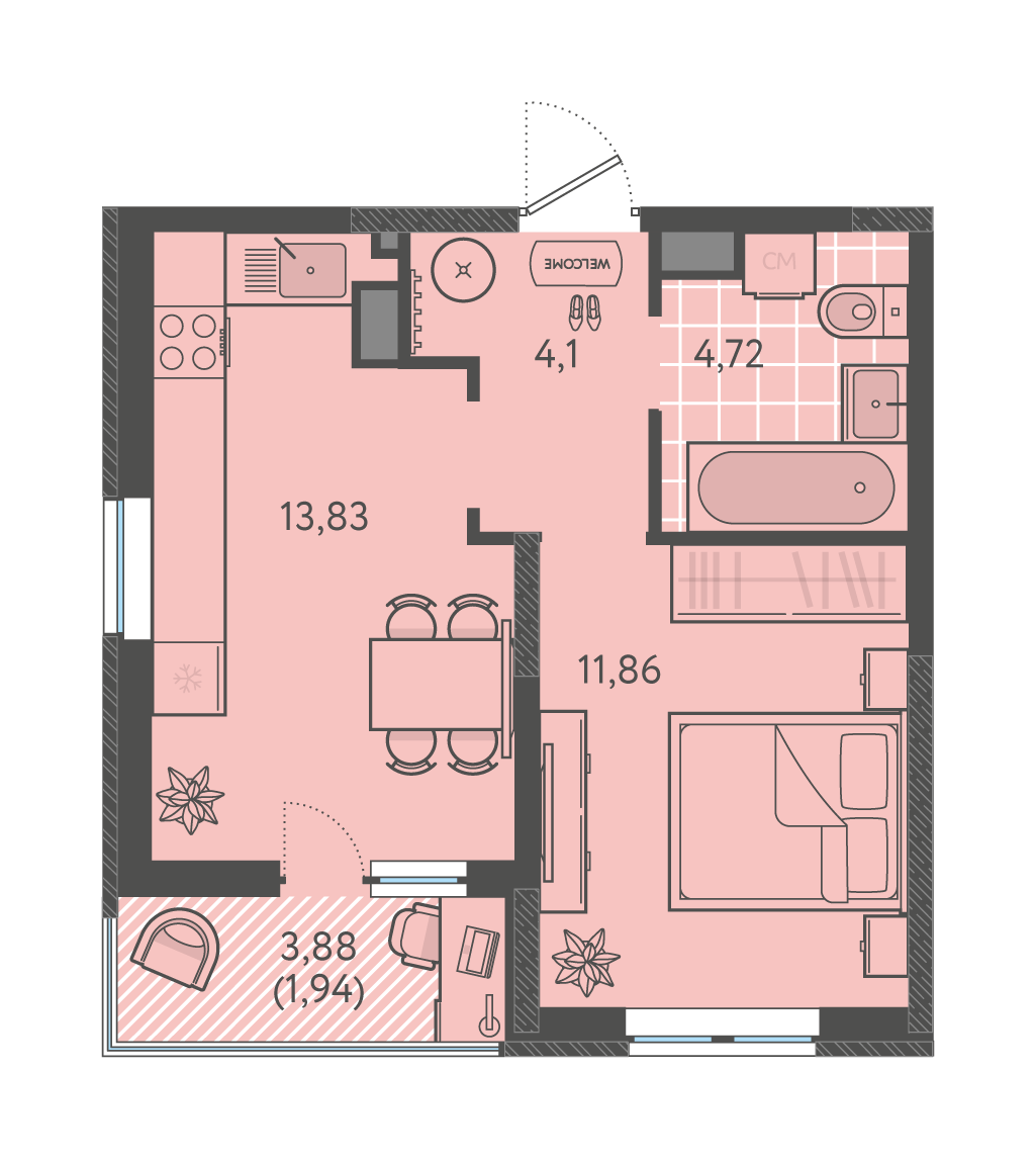 Планировка: 1-комн. квартира 36,5 м²