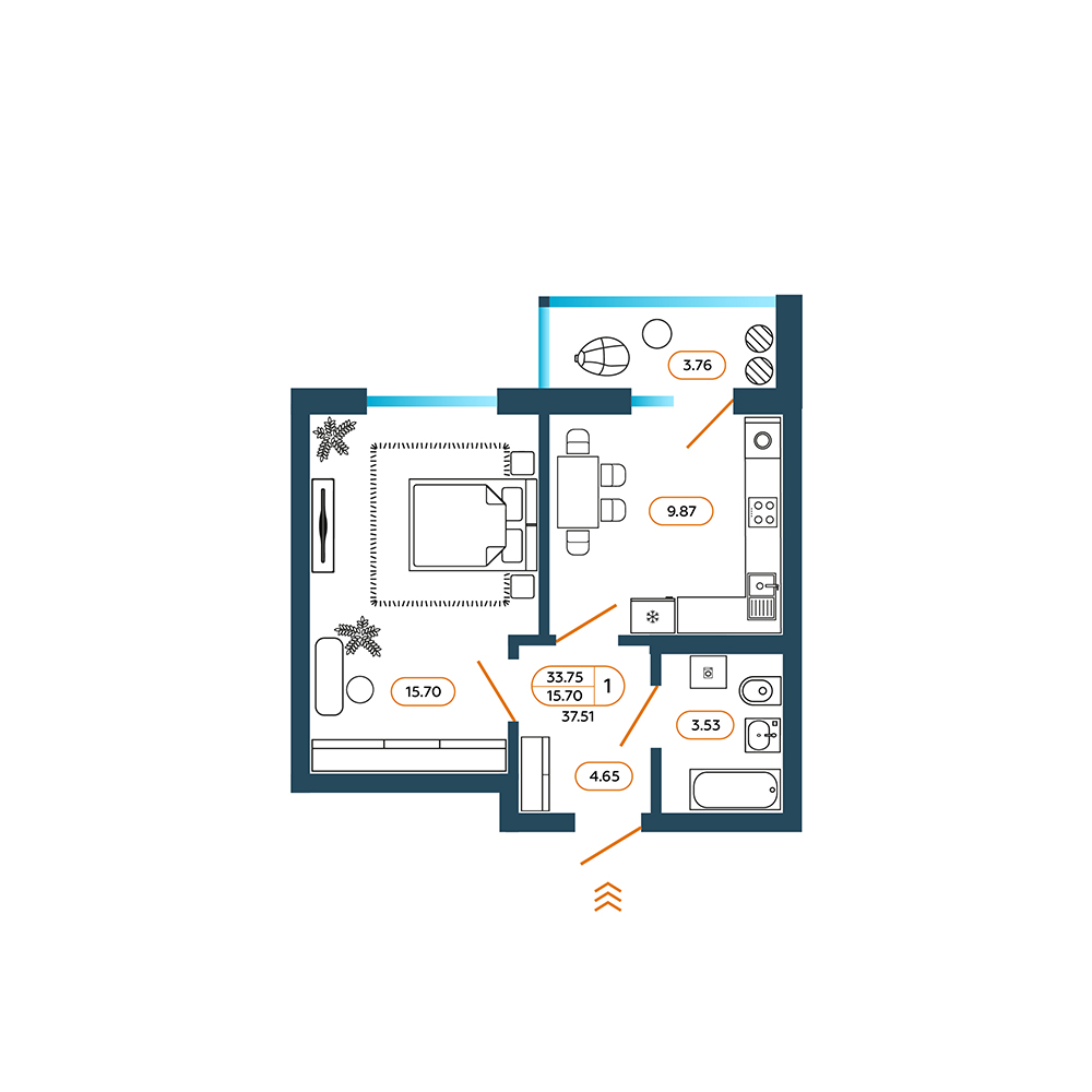 Планировка: 1-комн. квартира 38 м²