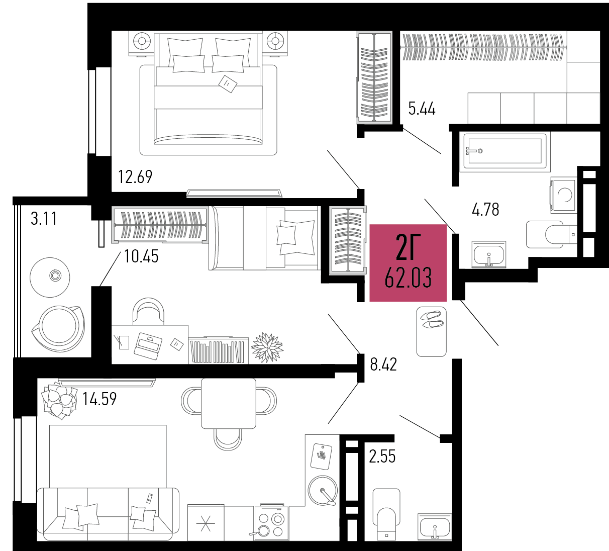 Планировка 2-комнатная 62,03 м²