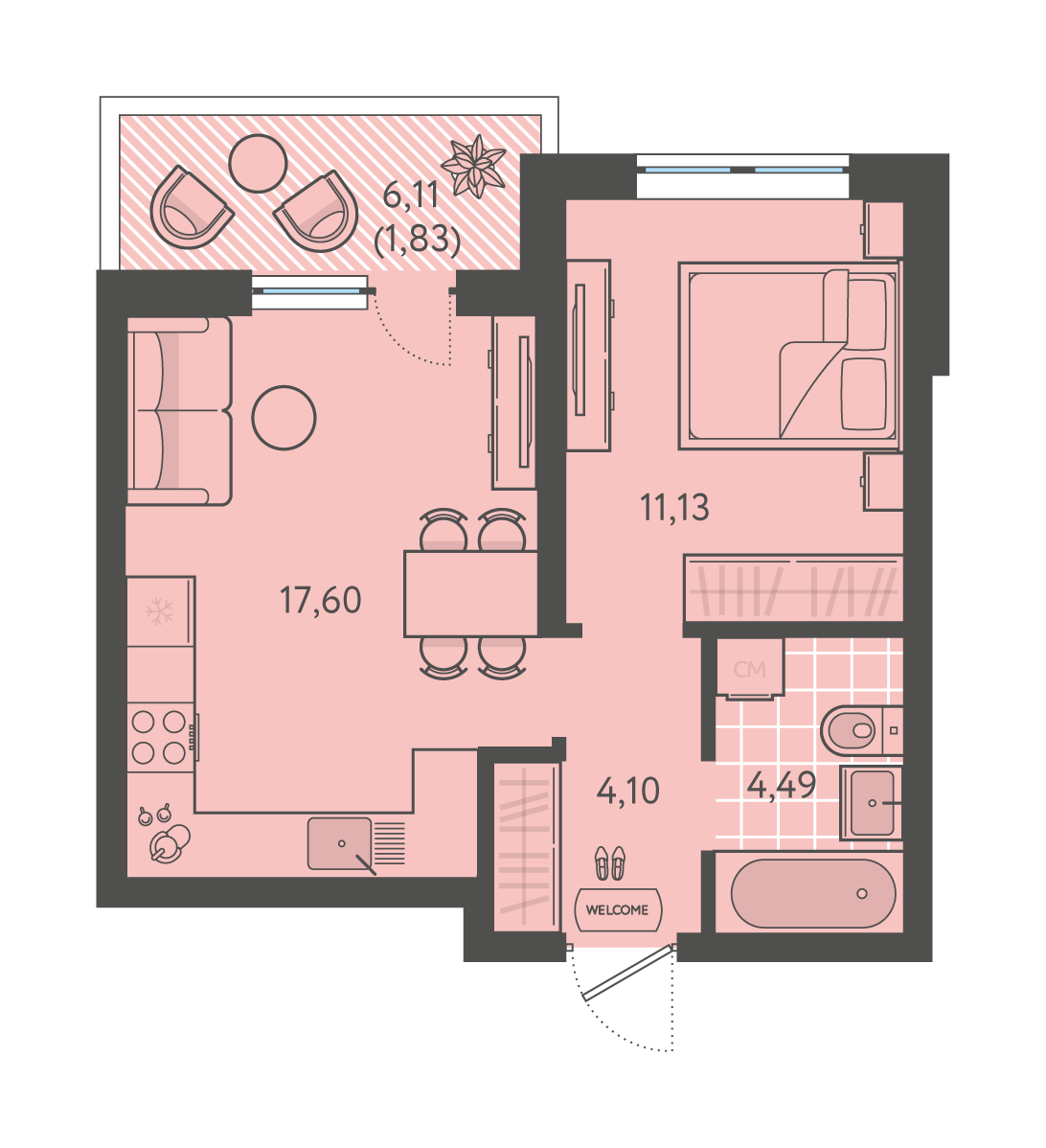Планировка: 1-комн. квартира 39,2 м²