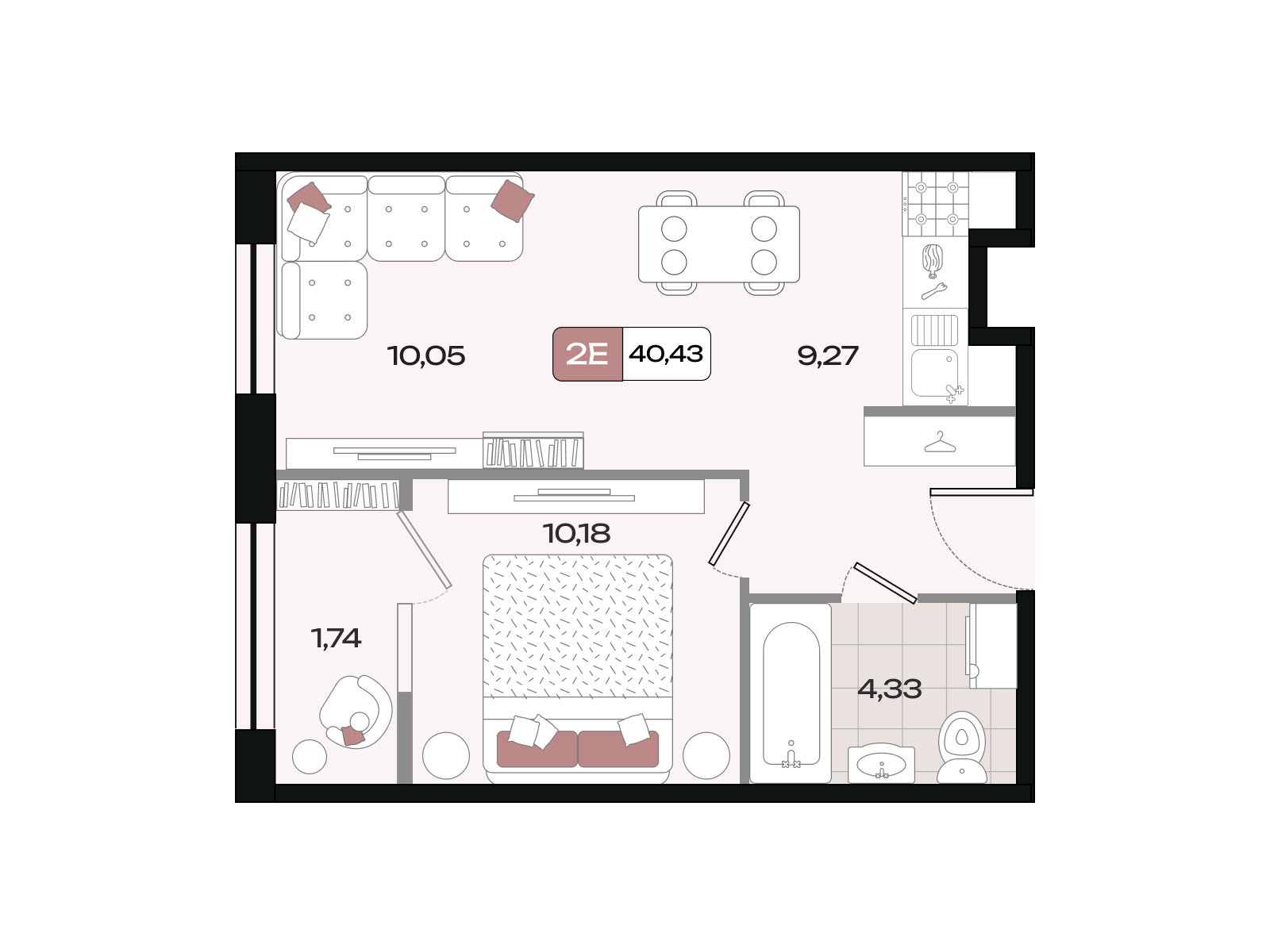 Планировка 2-комнатная 40,43 м²