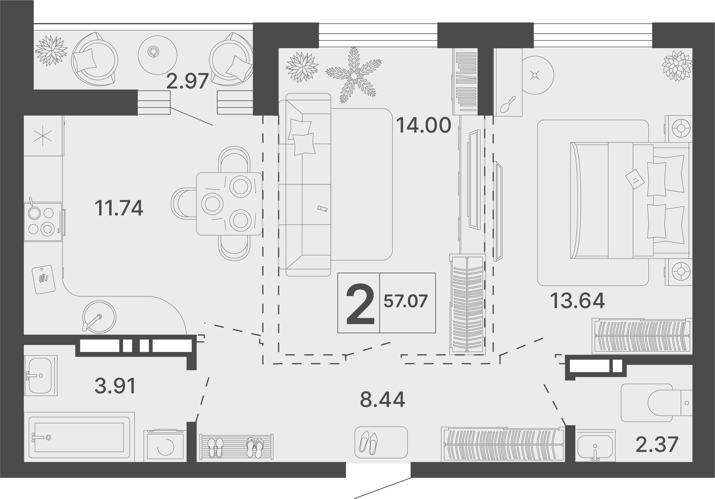 Планировка 2-комнатная 57,07 м²