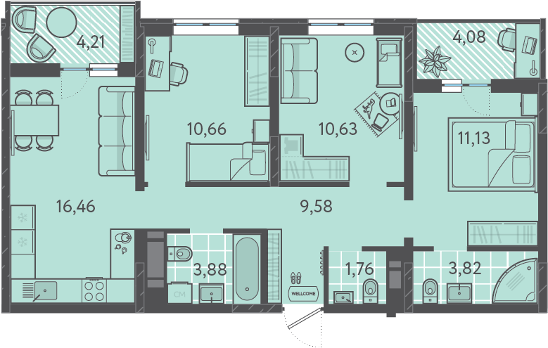 Планировка 3-комнатная 71,85 м²