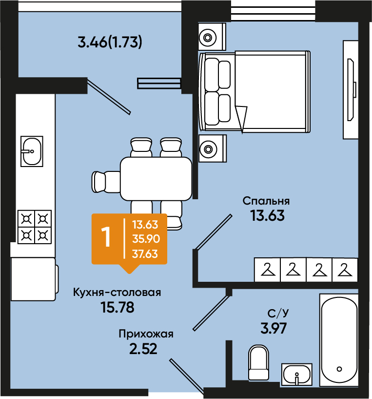 Планировка: 1-комн. квартира 37 м²
