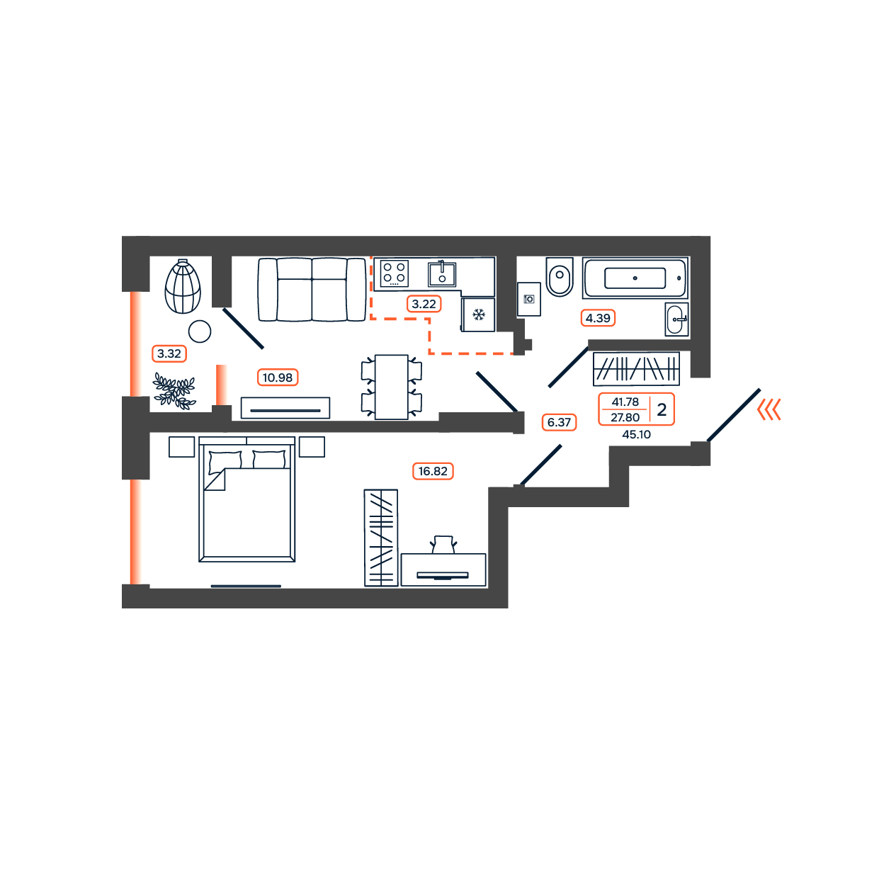 Планировка: 2-комн. квартира 45,1 м²