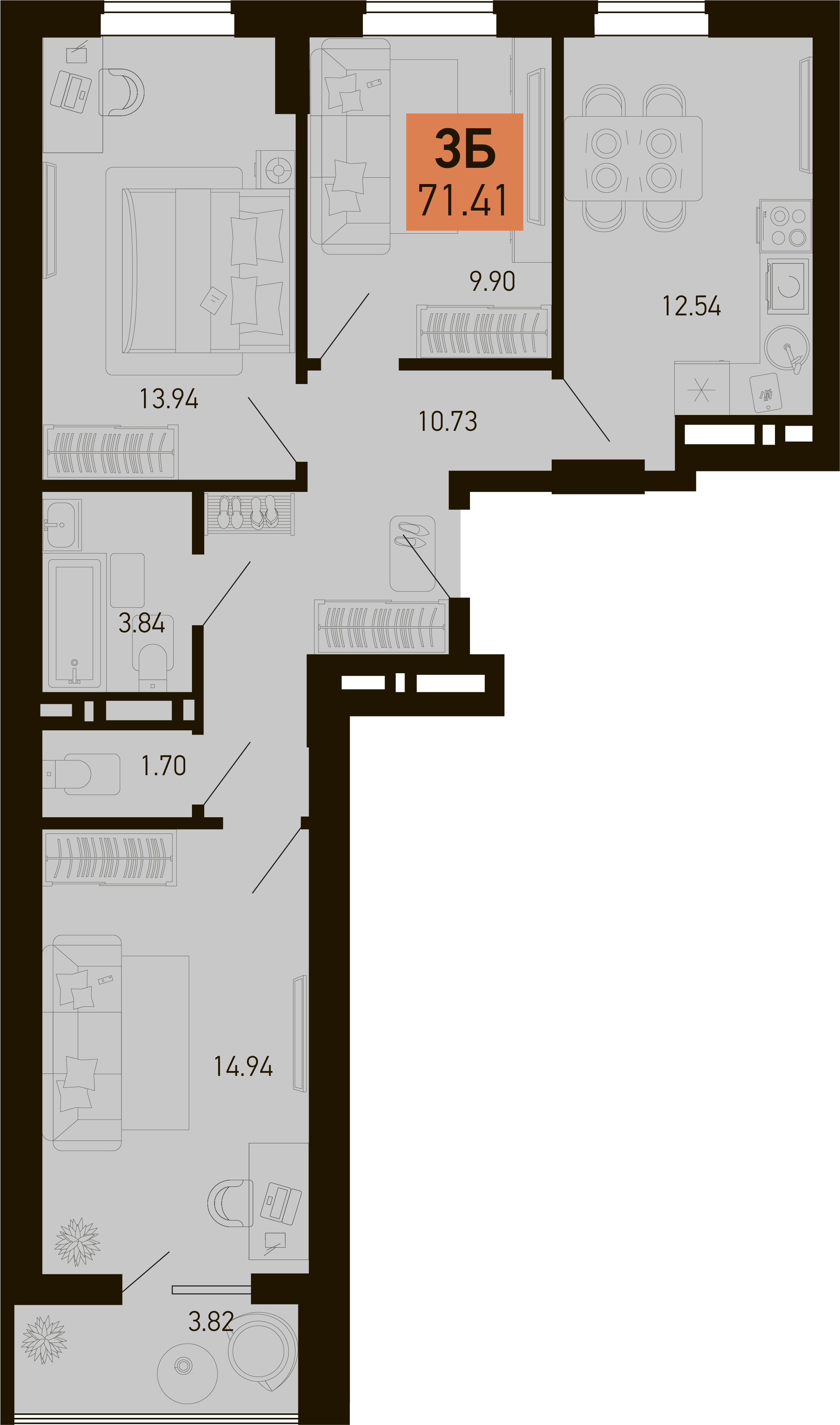 Планировка 3-комнатная 71,41 м²