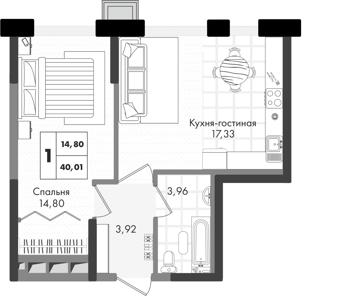 Планировка 1-комнатная 40,01 м²