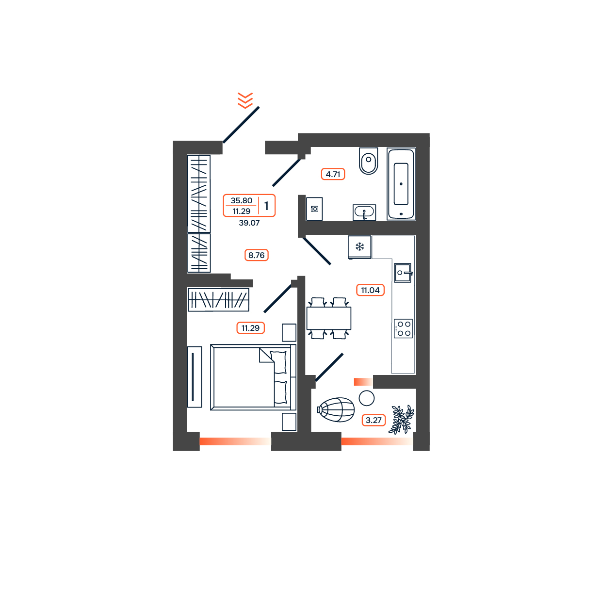 Планировка: 1-комн. квартира 39,1 м²