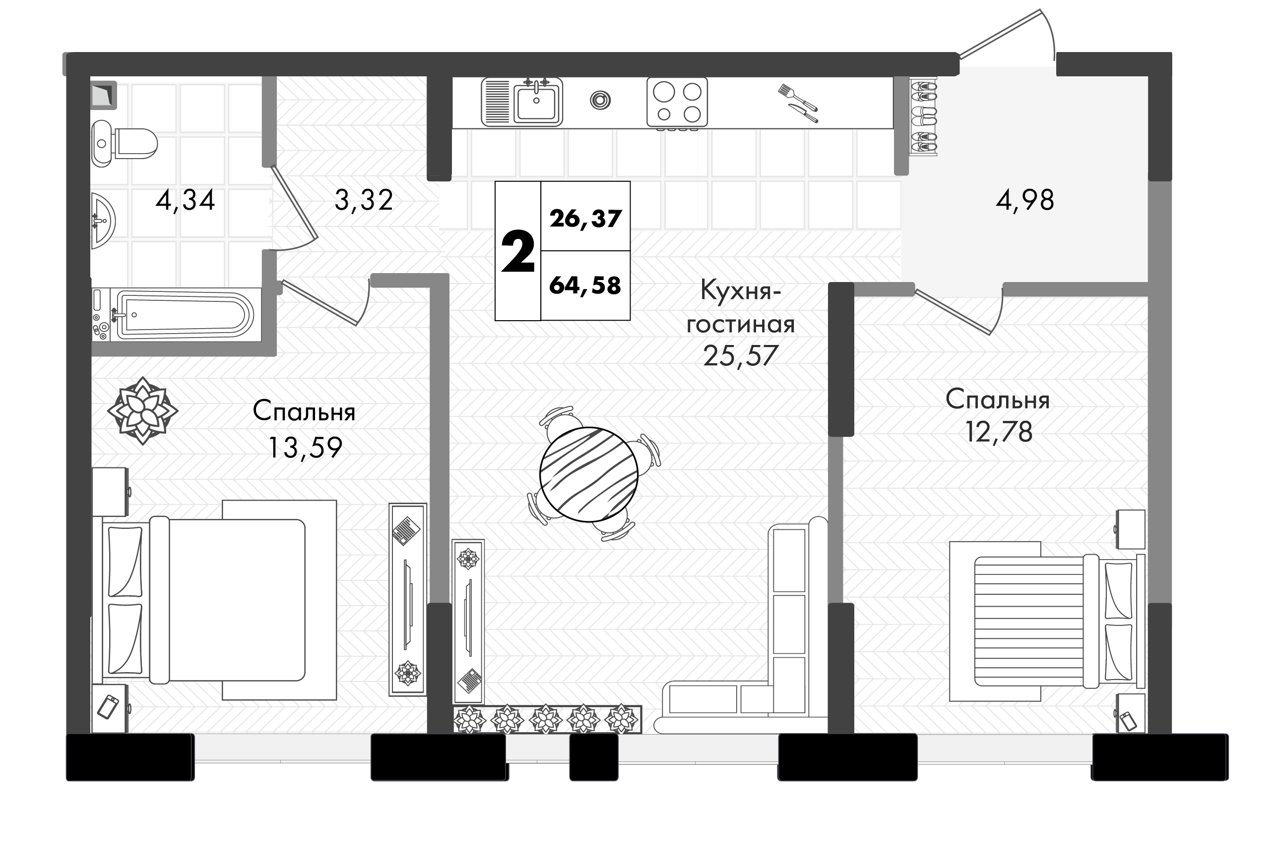 Планировка 2-комнатная 64,58 м²