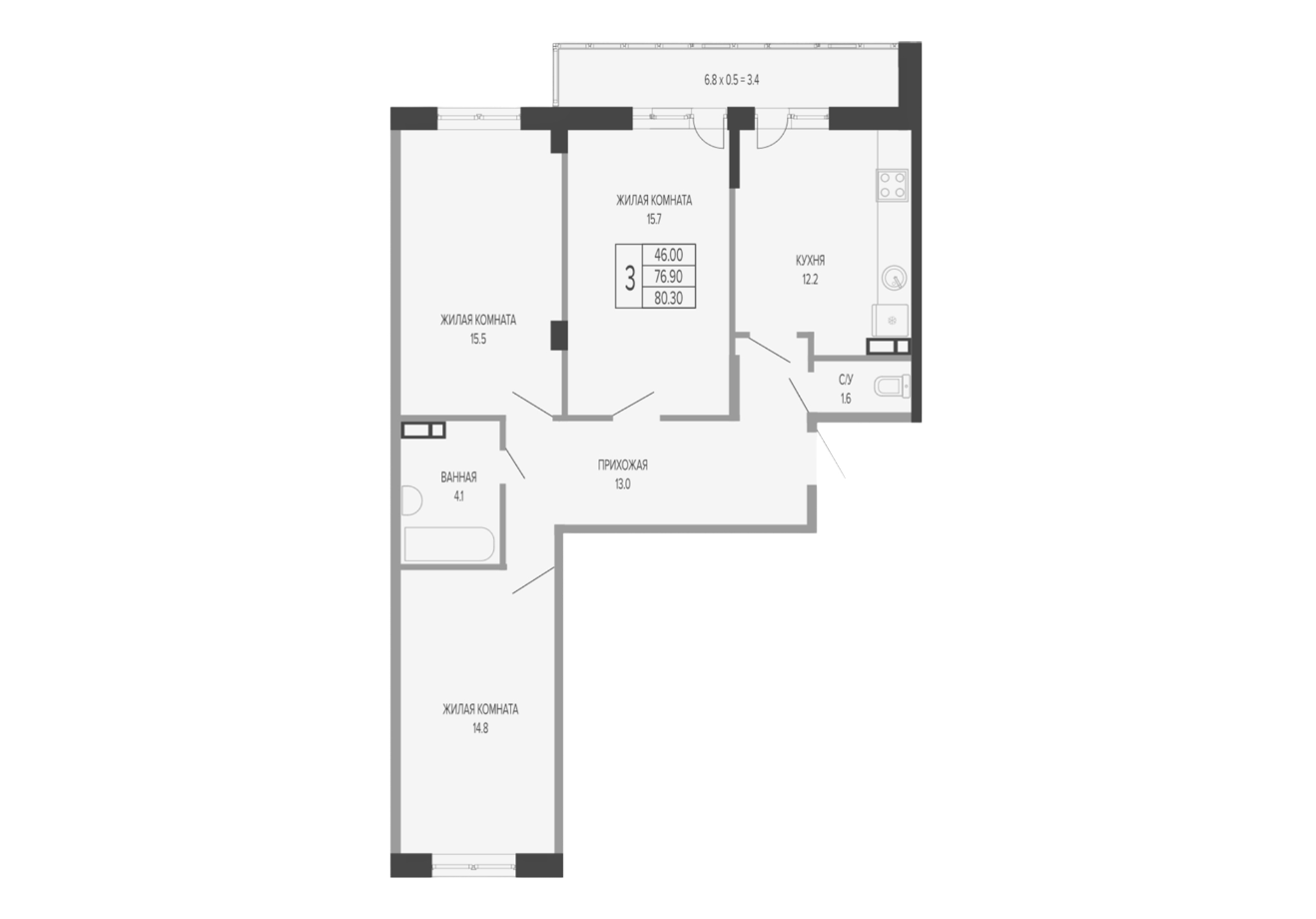 Планировка 3-комнатная 82 м²