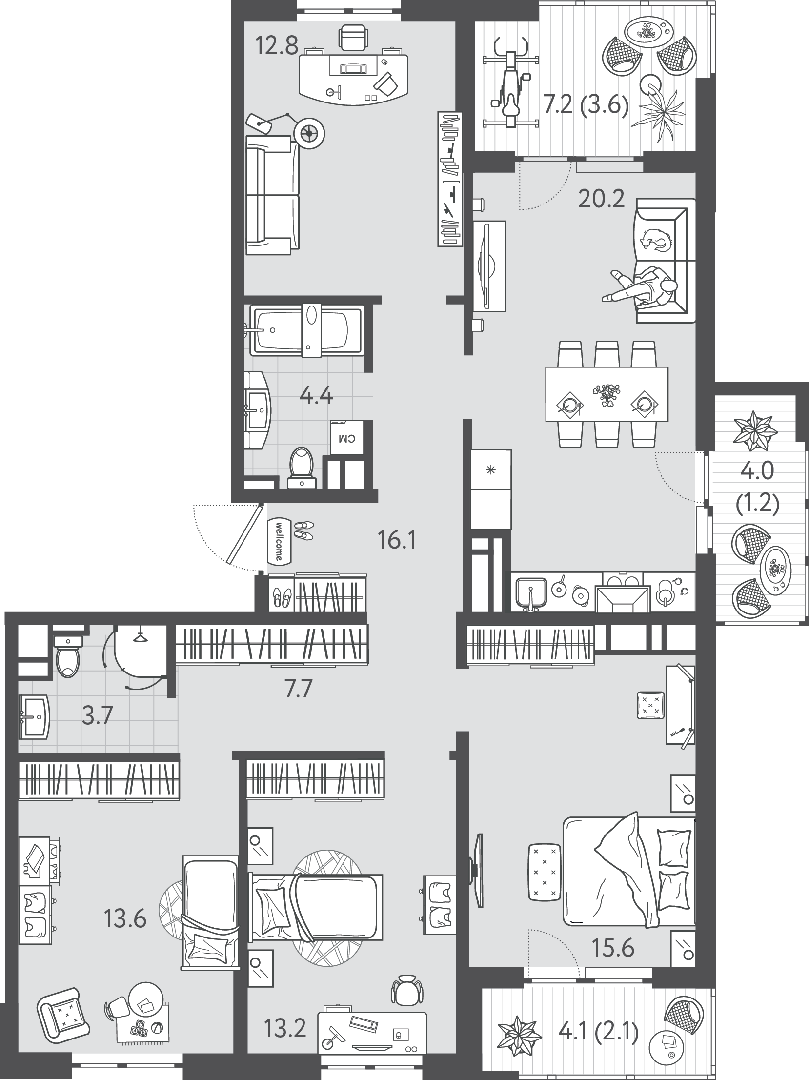 Планировка: 4-комн. квартира 107,3 м²