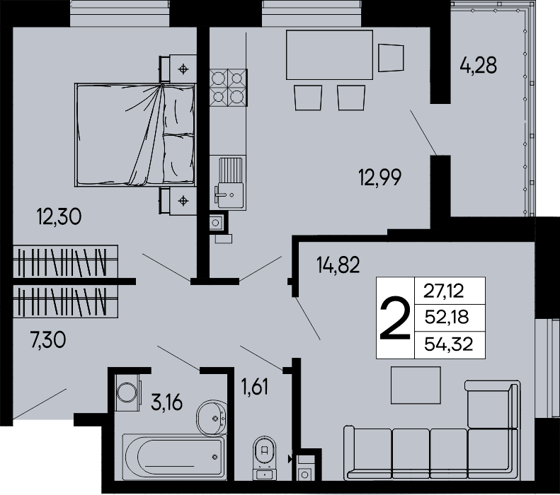 Планировка: 2-комн. квартира 54,3 м²