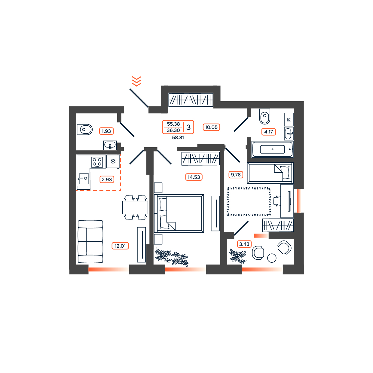 Планировка: 3-комн. квартира 58,8 м²