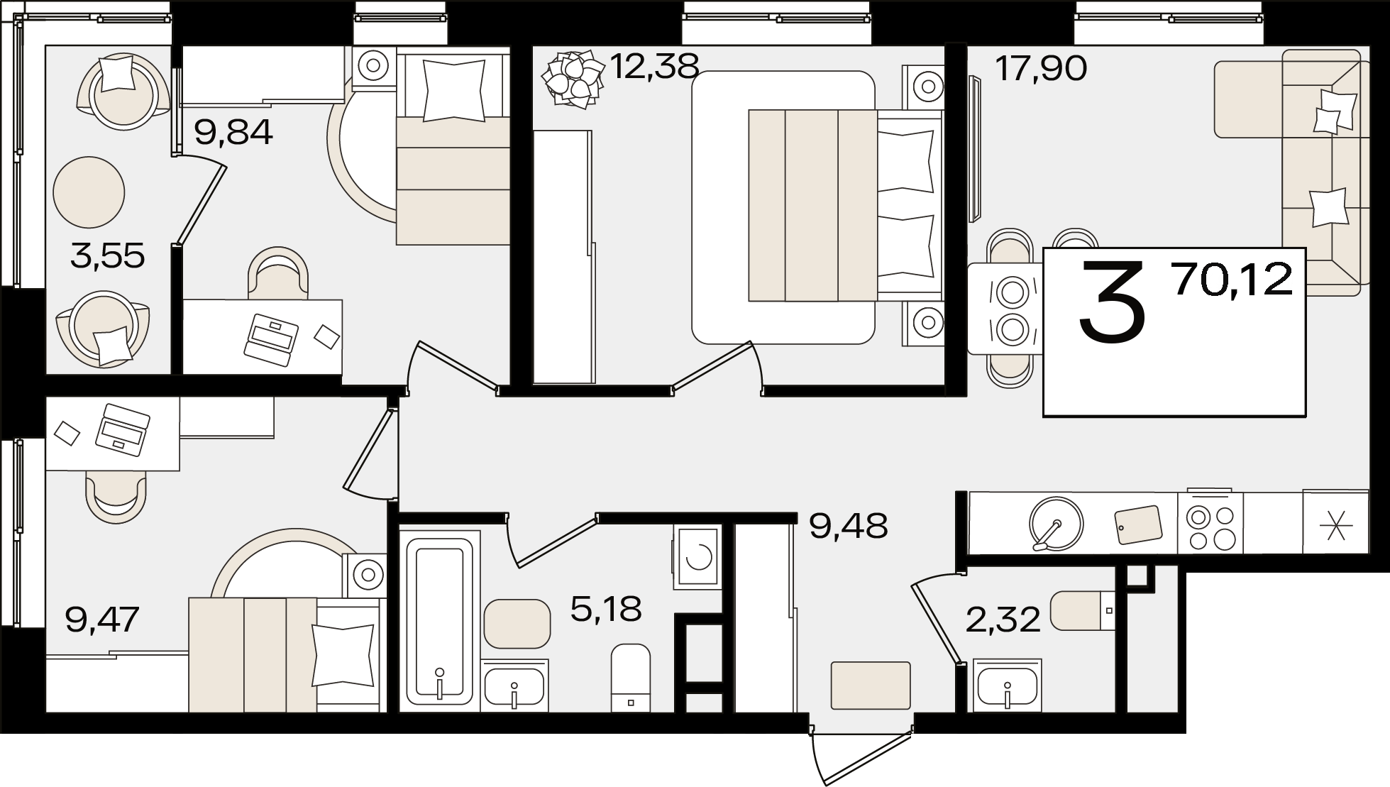 Планировка 3-комнатная 70,12 м²